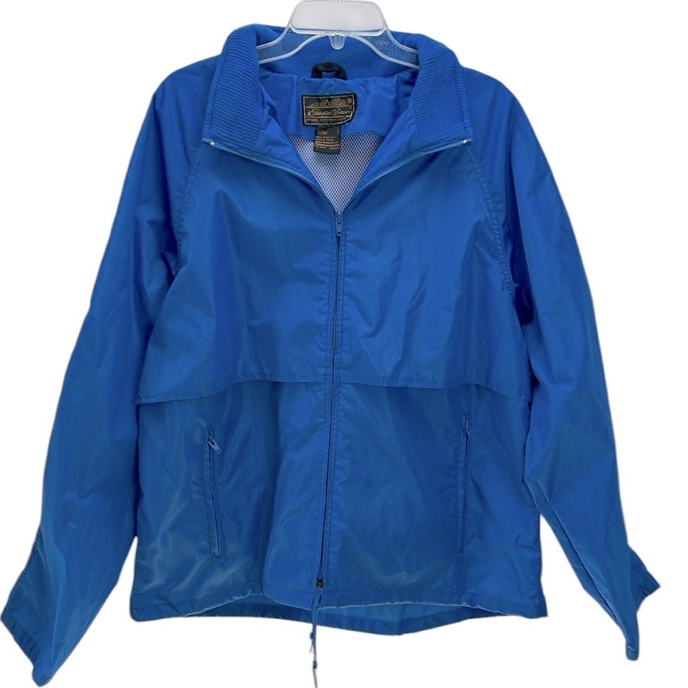 Vtg Eddie Bauer Blue Full Zip Nylon Windbreaker Hooded Jacket Packable Vented L